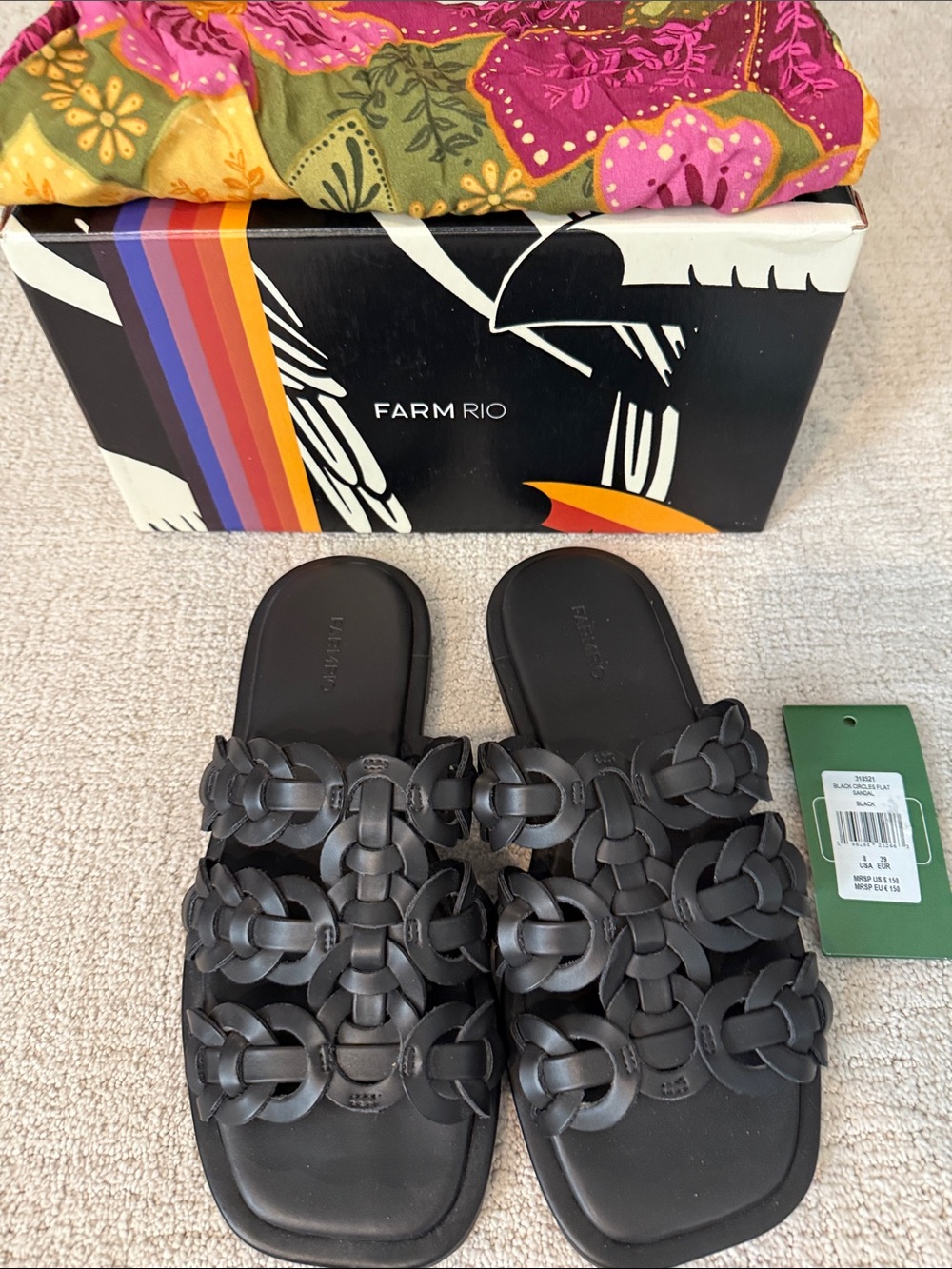 FARM Rio Black Braided Leather Slide Sandals